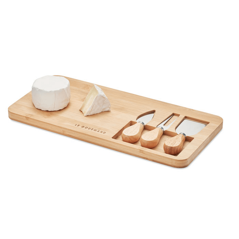 Gadget with logo Serving board GLENAVY Bamboo Cheese set serving boardwith logo with 2 serving knives and a fork. Present a cheese platter in style with this natural looking wooden board and matching utensils. Bamboo is a natural product, there maybe slight variations in colour and size per item, which can affect the final decoration outcome. Available color: Wood Dimensions: 37.5X17.5X1.5CM Width: 17.5 cm Length: 37.5 cm Height: 1.5 cm Volume: 2.4 cdm3 Gross Weight: 0.9 kg Net Weight: 0.7 kg Magnus Business Gifts is your partner for merchandising, gadgets or unique business gifts since 1967. Certified with Ecovadis gold!