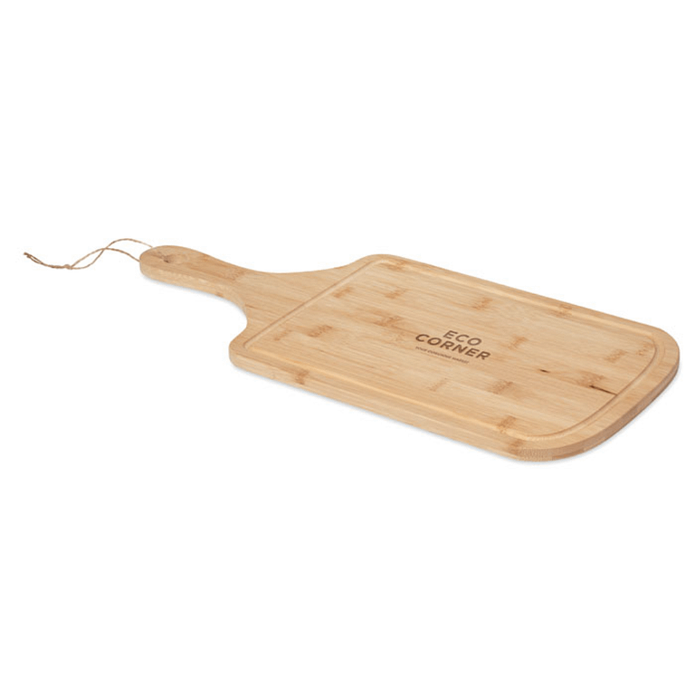 Gadget with logo Serving board DIYU Serving board with logo in bamboo with groove and jute rope in natural shape.  Serve cheeses, snacks, tapas or other foods with this natural looking serving platter. It has a handle for easy carrying and a jute rope to hang it on when not in use. Bamboo is a natural product, there may be slight variations in colour and size per item, which can affect the final decoration outcome. Available color: Wood Dimensions: 46.5X21.5X1CM Width: 21.5 cm Length: 46.5 cm Height: 1 cm Volume: 1.4 cdm3 Gross Weight: 0.504 kg Net Weight: 0.433 kg Magnus Business Gifts is your partner for merchandising, gadgets or unique business gifts since 1967. Certified with Ecovadis gold!