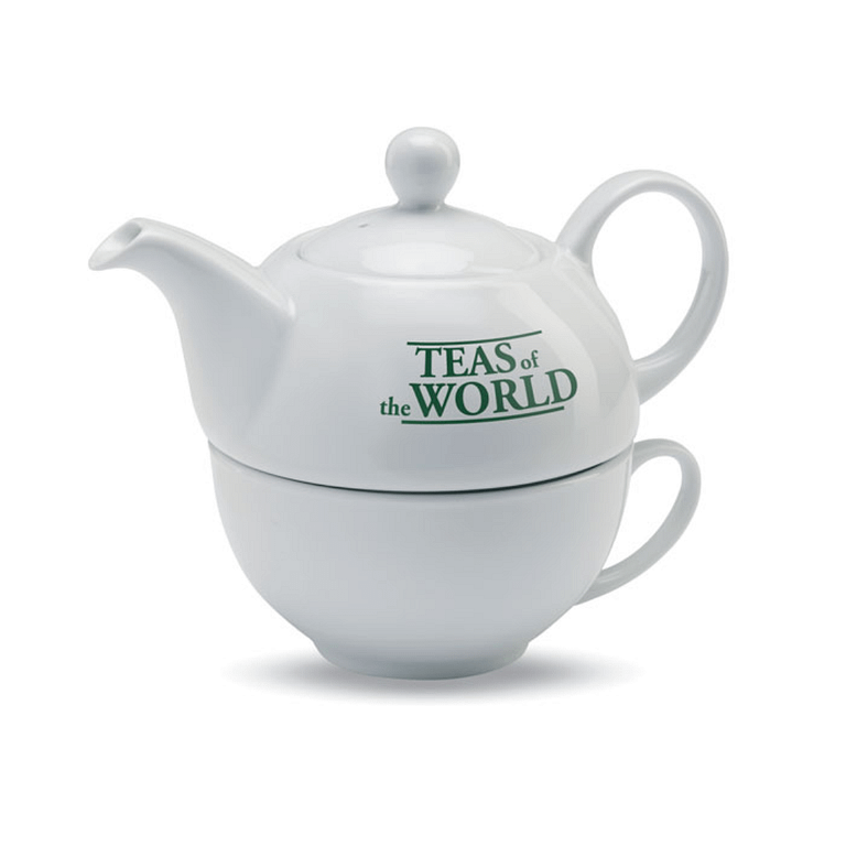 Gadget with logo Tea set TEA TIME Tea set with logo including a teapot of 400 ml capacity and a white ceramic cup. Presented in a black gift box. Available color: White Dimensions: 12,5X12,5X13 CM Width: 12.5 cm Length: 12.5 cm Height: 13 cm Volume: 3.2 cdm3 Gross Weight: 0.754 kg Net Weight: 0.488 kg Magnus Business Gifts is your partner for merchandising, gadgets or unique business gifts since 1967. Certified with Ecovadis gold!