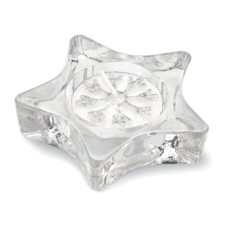 Christmas gadget Tea light holder in glass STARIO Star shaped glass tea light candle holder in silver box with transparent cover and decorative ribbon. Tea light included. Available color: Matt Silver Dimensions: 8X7,5X2,5 CM Width: 7.5 cm Length: 8 cm Height: 2.5 cm Volume: 0.226 cdm3 Gross Weight: 0.139 kg Net Weight: 0.135 kg Magnus Business Gifts is your partner for merchandising, gadgets or unique business gifts since 1967. Certified with Ecovadis gold!