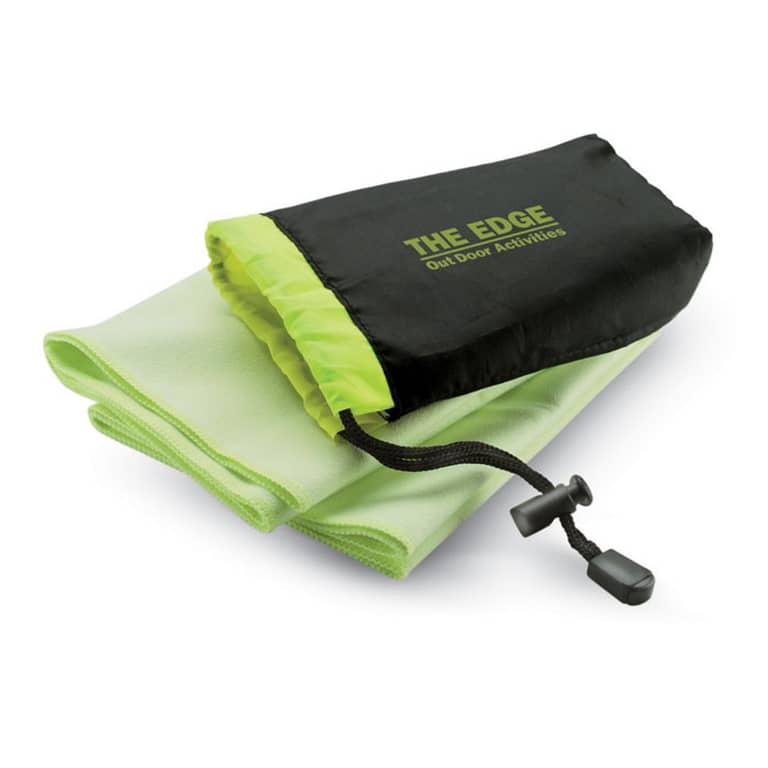 Sports towel with logo DRYE Sports towel with logo presented in nylon pouch with adjustable closing. Towel: 70% polyester, 30% polyamide. We use different printing techniques to add your logo. Depending on the surface we can use embroidery, engraving, 360Â° imprint or screenprint.