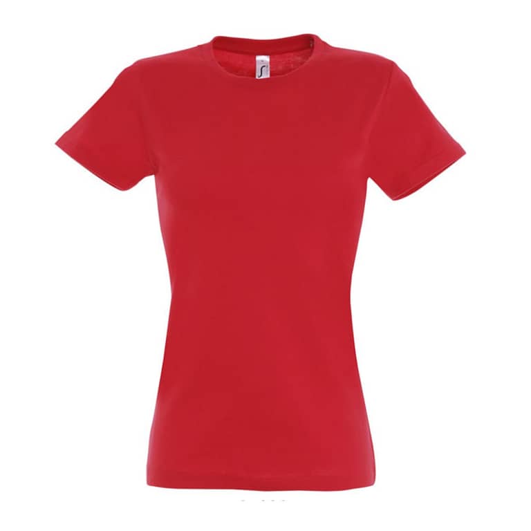 T-shirt with logo IMPERIAL women Women's heavy t-shirt with logo in 190g/mÂ². Quality t-shirt, 42 colors, 9 sizes, women's and children's models. Reinforced neck seam, ribbed collar with elastane, fitted cut with sewn side seam. Fabric details: 190g/m2 single jersey, 100% semi-combed ring spun cotton. OEKO-TEX. Only sold with print" Depending on the surface we can use embroidery, engraving, 360Â° imprint or screen print.