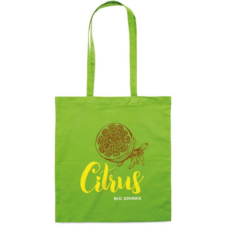 Tote bag with logo COTTONEL COLOUR Tote bag with logo in cotton 140 gr/m² with long handles. Produced under a certified standard for the use of harmful substances in textile. Depending on the surface we can use embroidery, engraving, 360° imprint or screen print.