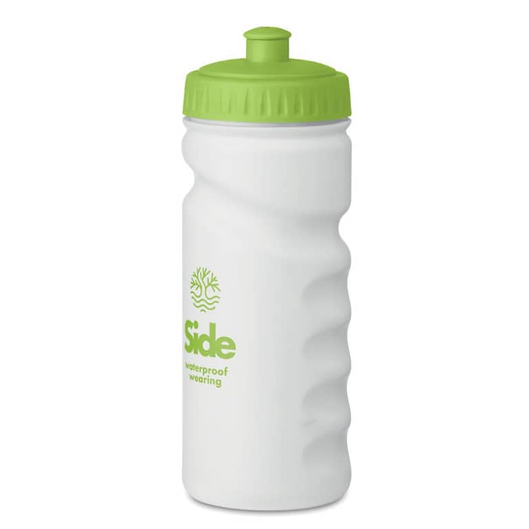 Water bottle with logo SPOT EIGHT Sports water bottle with logoÂ  with convenient handgrip. In solid PE plastic which is BPA free. Capacity: 500 ml. Leak free. We use different printing techniques to add your logo. Depending on the surface we can use embroidery, engraving, 360Â° imprint or screenprint.