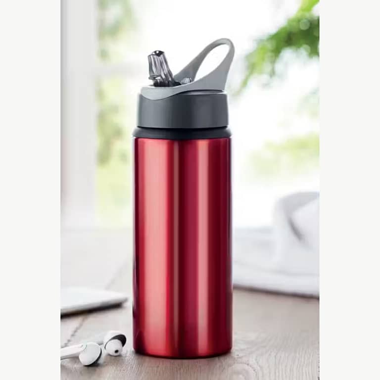 Water bottle with your logo ATLANTA Water bottle with your logo in aluminium single layer. Foldable mouth piece and lid with hanger. Capacity 600 ml. Sublimation print available on white item only. Leak free.