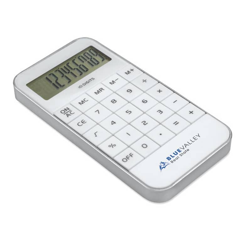Gadget with logo Calculator 10 digit display ZACK10 Gadget with logo 10 digit calculator in ABS. 1 battery AG13 included. Depending on the surface we can use embroidery, engraving, 360Â° imprint or screen print.