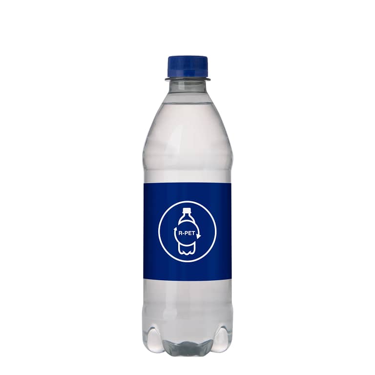 Gadget with logo spring water Gadget with logo spring water in a R-PET bottle of 500 ml with screw cap. Surcharge no-labellook label by request. Available colors: Blue, yellow, gold, green, light blue, light green, orange, purple, red, transparant, white, silver and black. Depending on the surface we can use embroidery, engraving, 360Â° imprint or screen print.