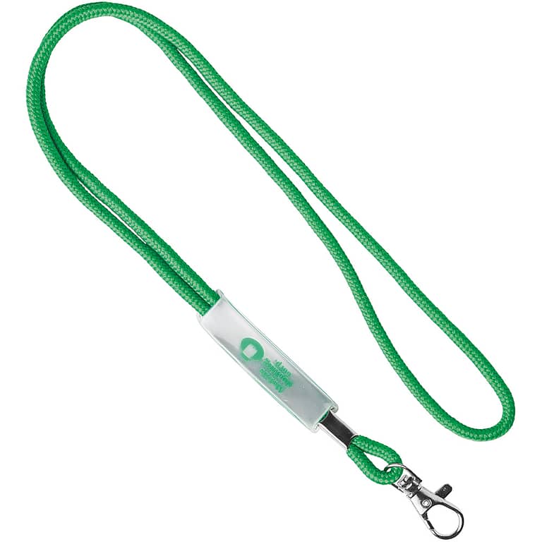 Lanyard with logo Cord Polyester cord lanyard with logo and transparent slider. Ca 90cm long. Metal karabinier or choose from one of the other clip options. The slider comes standard in a transparent version but with the right quantity it can be produced in your wished colour as well. We use different printing techniques to add your logo. Depending on the surface we can use embroidery, engraving, 360Â° imprint or screenprint.
