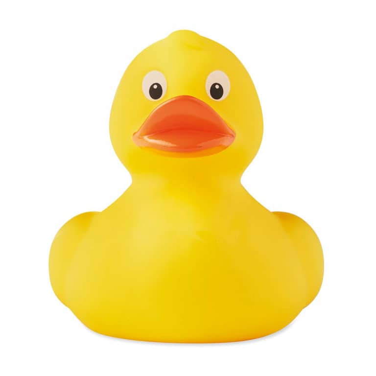 Gadget with logo Duck bath. Gadget with logo in PVC medium size. Can be squeezed to relieve stress. Depending on the surface we can use embroidery, engraving, 360Â° imprint or screenprint.