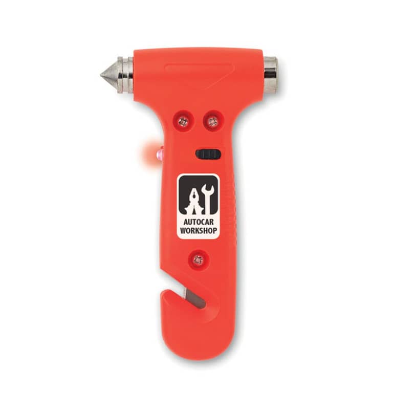 Gadget with logo Emergency hammer. Emergency gadget with logo 3 in 1 emergency hammer with belt cutter. With LED light made of ABS. 3 AG3 batteries included. Depending on the surface we can use embroidery, engraving, 360° imprint or screenprint.