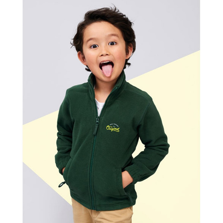 Fleece jacket with logo North Kids Fleece jacket with logo North Kids anti-pilling, banded neck seam, high lined collar. 2 Zipped pockets and zipper at front, elasticated cuffs, extended back panel, inner drawstring hem. Fabric details: 300g/mÂ², 100% polyester. OEKO-TEX.Â  Sizes - 4 yrs: 96-104cm (L), 6 yrs: 106-116cm (XL), 8 yrs: 118-128cm (XXL), 10 yrs: 130-140cm (3XL), 12 yrs: 142-152cm (4XL), 14 yrs: 156-164 cm (5XL) Depending on the surface we can use embroidery, engraving, 360Â° imprint or screen print.