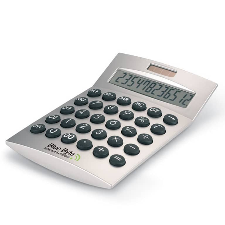 Gadget with logo calculator 12-digits Basics Gadget with logo 12-digits solar energy calculator with logo. Plastic housing. 1 cell battery included. Depending on the surface we can use embroidery, engraving, 360Â° imprint or screen print.