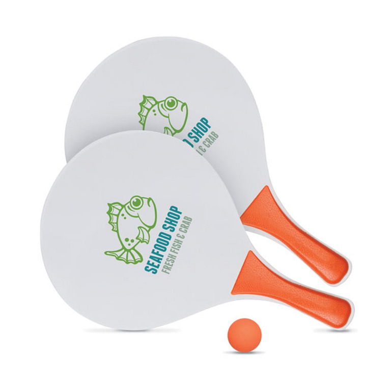Beach gadget with logo tennis set MATCH Beach gadget with logo beach tennis set. Consisting of 2 MDF rackets and 1 soft ball. Depending on the surface we can use embroidery, engraving, 360° imprint or screen print.