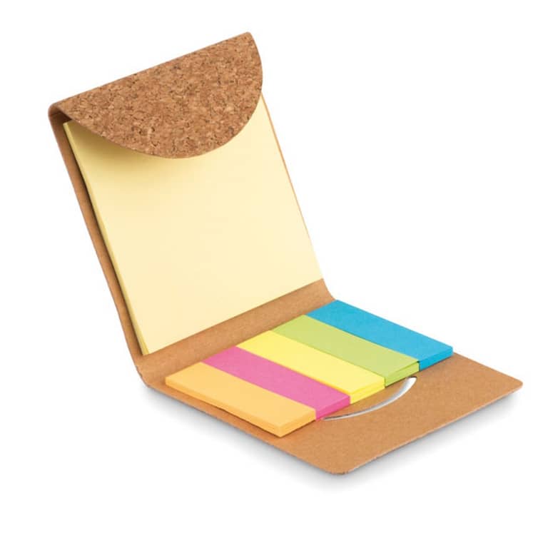 Memo pad with logo FOLDCORK Memo pad with logo sticky note memo pad with cork envelope cover. Cork is 100% natural material. 125 sheets of large yellow sticky notes pads and 25 sheets of 5 assorted colors page markers. Due to its structural nature and surface porosity the final print result per item may have deviations. Depending on the surface we can use embroidery, engraving, 360Â° imprint or screen print.