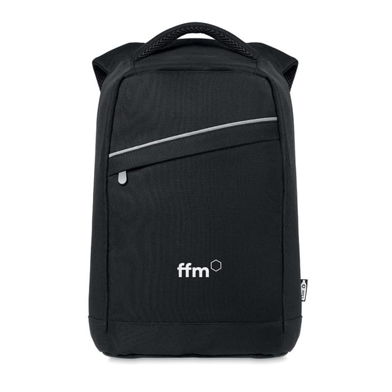 Backpack with logo MUNICH 600D RPET backpack with logo and padded shoulder strap with main internal compartment. It has a zippered front pocket. Includes one internal 13 inch laptop compartment. Zipper main compartment on backside for better security. Depending on the surface we can use embroidery, engraving, 360Â° imprint or screenprint.