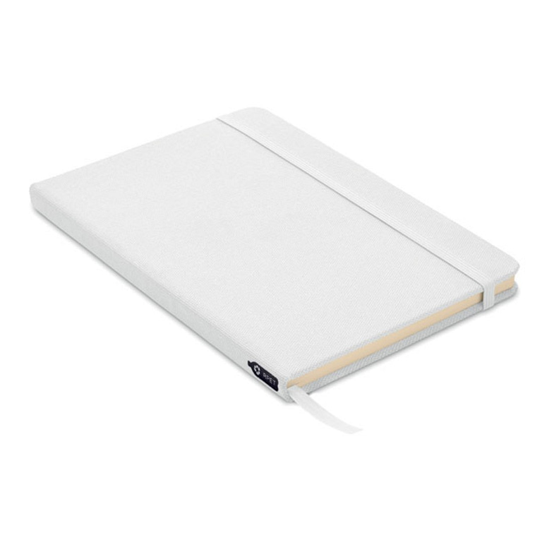 NOTE RPET A5 notebook with logo A5 notebook with logo with hard 600D RPET cover. Case-bound. 160 lined recycled paper pages (80 sheets). Matching elastic closure strap and ribbon bookmark. Depending on the surface we can use embroidery, engraving, 360Â° imprint or screen print.
