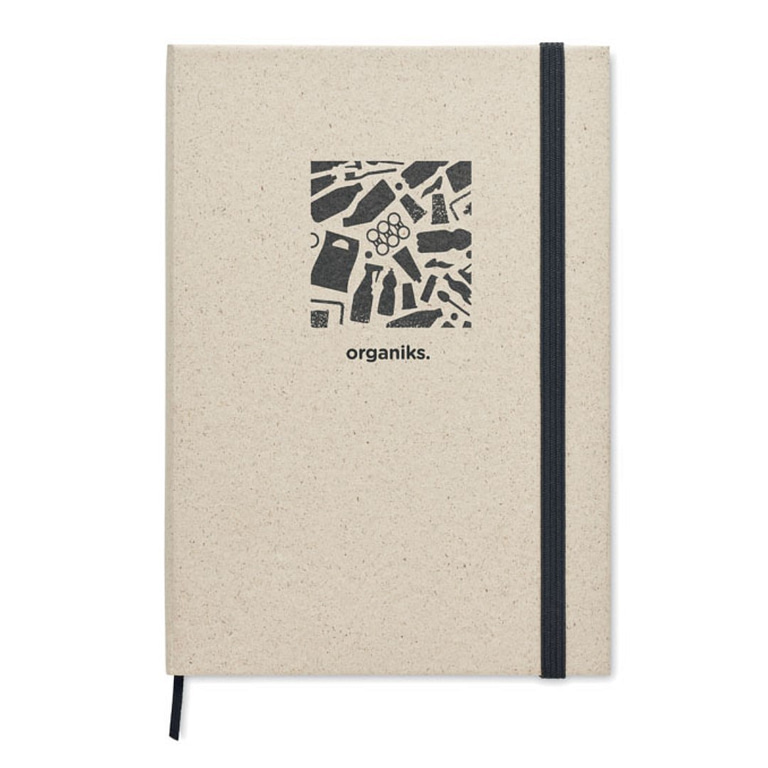 Notebook with logo GRASS NOTES A5 grass paper notebook with logo. Hard grass paper cover. Case-bound. 160 grass paper lined pages (80 sheets). 95 gsm paper. Elastic closure strap and ribbon bookmark. Grass paper containing 40% grass fibers. Depending on the surface we can use embroidery, engraving, 360° imprint or screen print.