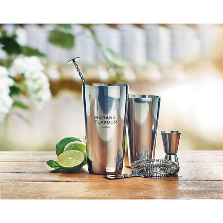 Gadget with logo Cocktail set BOSTON Stainless steel cocktail set with 750 ml shaker, measuring jug (30 ml), spoon for stirring and sieve in cotton pouch.  Release your inner bartender and create the most delicious classic cocktails with this set. Everything you need in one complete set. What drink will you make? Dimensions: 9X9X22.5CM Width: 9 cm Length: 9 cm Height: 22.5 cm Volume: 2.44 cdm3 Gross Weight: 0.528 kg Net Weight: 0.424 kg Magnus Business Gifts is your partner for merchandising, gadgets or unique business gifts since 1967. Certified with Ecovadis gold!