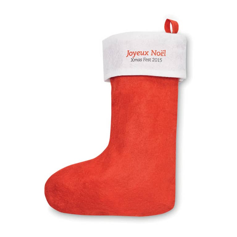 Christmas gadget with logo Boot NOBO Christmas boot with logo. Store good memories: During the joyful festive season. Christmas stockings are a must to decorate your Christmas tree. High Quality Material. EASY TO USE: You can hang Christmas stockings anywhere you can decorate. Available color: Red Dimensions: 36X19 CM Width: 19 cm Length: 36 cm Volume: 0.412 cdm3 Gross Weight: 0.031 kg Net Weight: 0.023 kg Magnus Business Gifts is your partner for merchandising, gadgets or unique business gifts since 1967. Certified with Ecovadis gold!