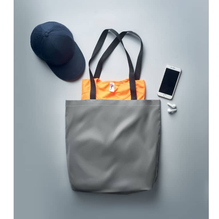 Gadget with logo Bag VISI TOTE Reflective 190D polyester shopping bag with logo with long handles. This totebag is made from a reflective material to increase visibility in darker environments. Carry the bag by the long handles or hang them over yourshoulder so you have both hands free. Available color: Matt Silver Dimensions: 42X9X38CM Width: 9 cm Length: 42 cm Height: 38 cm Volume: 0.46 cdm3 Gross Weight: 0.106 kg Net Weight: 0.091 kg Magnus Business Gifts is your partner for merchandising, gadgets or unique business gifts since 1967. Certified with Ecovadis gold!