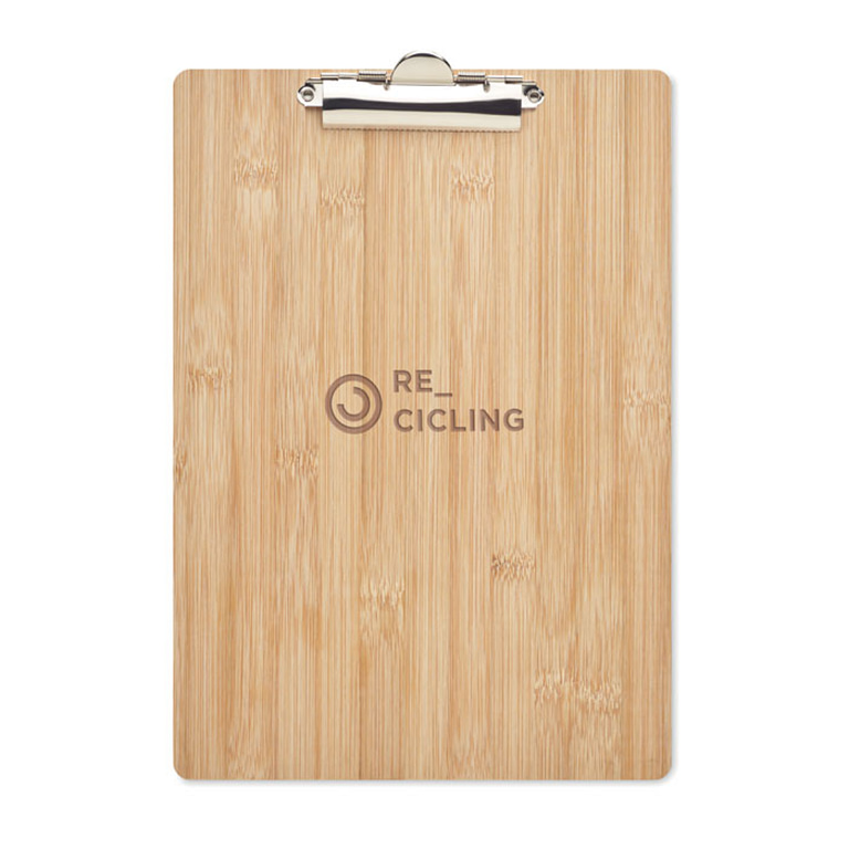 Gadget with logo Clipboard CLIPBO A4 bamboo clipboard. Keep all your work organized and never lose an important piece of paper again with this useful office essential. The bamboo material gives it a natural look and makes it a much better alternative to the regular plastic ones. Bamboo is a natural product, there may be slight variations in colour and size per item, which can affect the final decoration outcome. Available color: Wood Dimensions: 32.7X22.4X0.4CM Width: 22.4 cm Length: 32.7 cm Height: 0.4 cm Volume: 1 cdm3 Gross Weight: 0.377 kg Net Weight: 0.327 kg Magnus Business Gifts is your partner for merchandising, gadgets or unique business gifts since 1967. Certified with Ecovadis gold!