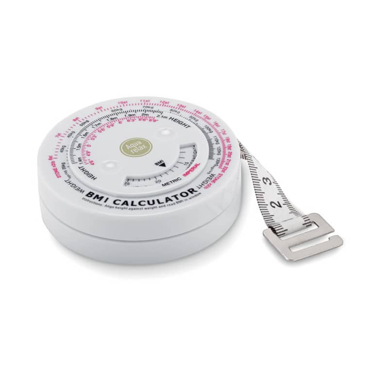 Gadget with logo Measuring tape MEASURE IT BMI measuring tape with logo in ABS. Available color: White Dimensions: Ø7X2CM Height: 2 cm Diameter: 7 cm Volume: 0.21 cdm3 Gross Weight: 0.062 kg Net Weight: 0.055 kg Magnus Business Gifts is your partner for merchandising, gadgets or unique business gifts since 1967. Certified with Ecovadis gold!