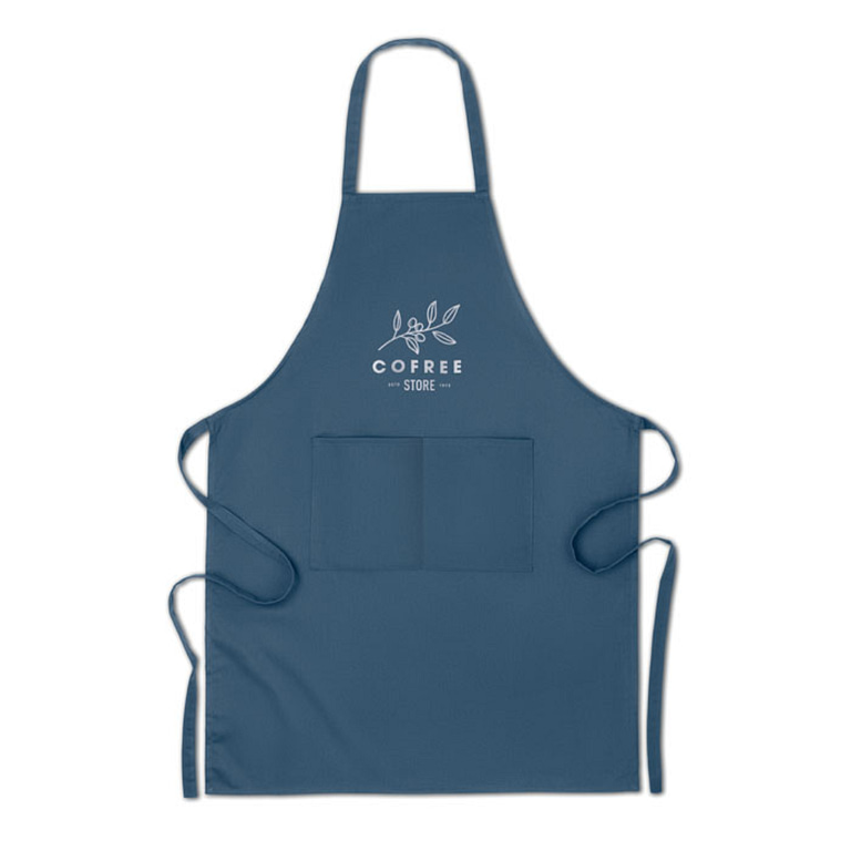 Gadget with logo Apron RAIPUR COLOUR Kitchen apron with 2 front pockets in 200 gr/m² organic cotton. Produced under a certified standard for the use of harmful substances in textile. Available color: Blue, Black Dimensions: 65X90CM Width: 90 cm Length: 65 cm Volume: 0.46 cdm3 Gross Weight: 0.15 kg Net Weight: 0.137 kg Magnus Business Gifts is your partner for merchandising, gadgets or unique business gifts since 1967. Certified with Ecovadis gold!
