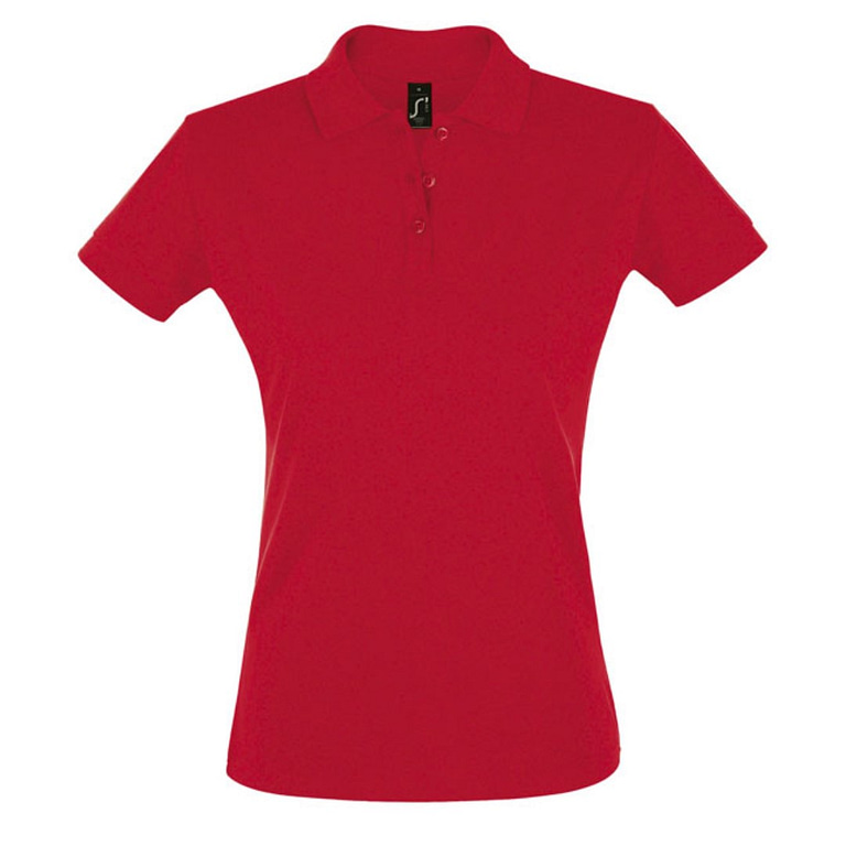 Polo shirt with logo Perfect Woman Polo shirt with ribbed 1x1 collar and cuffs + reinforced neck seam. 2 Pearl buttons tone-on-tone, modern fitted cut with side seam, spare button on the inside. Fabric details: 180g /mÂ² 100% combed ring-studded cotton. OEKO-TEX.Â  Depending on the surface we can use embroidery, engraving, 360Â° imprint or screen print.
