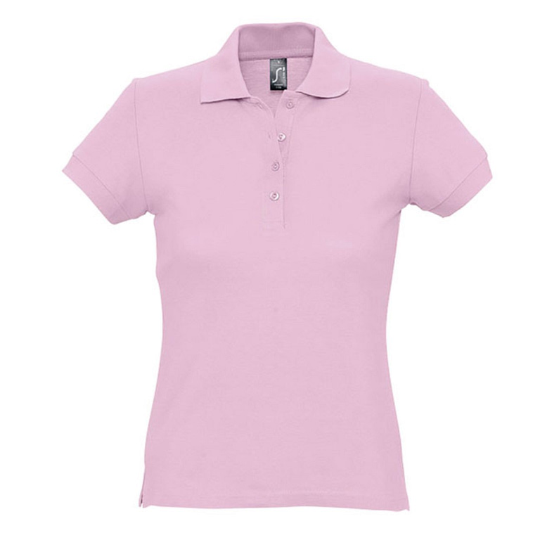 Polo shirt with logo PASSION Women Polo shirt with logo very affordable. Wide range of colors. Stylish female cut with 4 tone-on-tone buttons, ribbed collar and cuffs, reinforced neck seam. Straight at the hem with side slits, fitted cut with sewn side seams, spare button on the inside. Fabric details: 170g/mÂ² in 100% combed ring spun cotton. OEKO-TEX.Â  Depending on the surface we can use embroidery, engraving, 360Â° imprint or screen print.