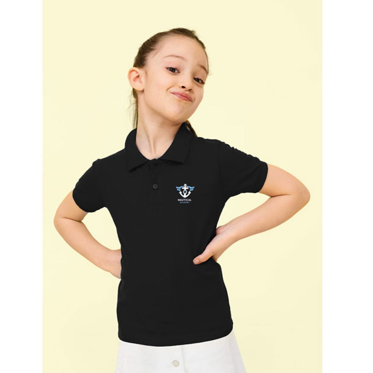 Polo shirt with logo Perfect Kids Polo shirt with logo and 1x1 ribbed collar and cuffs, taped neck seam. 2 Tone-on-tone buttons, side seam. OEKO-TEX.Â  Fabric details: 180g/mÂ² 100% combed ring spun cotton. Â Sizes - 4 yrs: 96-104cm (L), 6 yrs: 106-116cm (XL), 8 yrs: 118-128cm (XXL), 10 yrs: 130-140cm (3XL), 12 yrs: 142-152cm (4XL) Depending on the surface we can use embroidery, engraving, 360Â° imprint or screen print.
