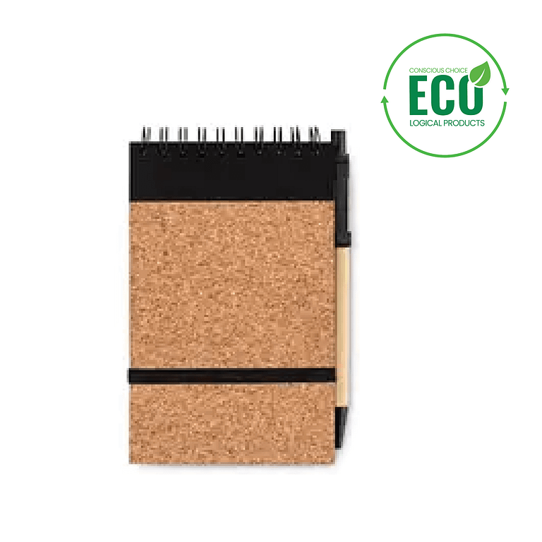 Notepad with logo A6 SONORACORK Notepad with logo A6 notepad with logo with cork cover. Cork is 100% natural material. Twin-wire. 70 lined recycled paper sheets. Black ink. Elastic closure strap and pen holder. Matching push button ball pen with recycled carton barrel and corn PLA details. Due to its structural nature and surface porosity the final print result per item may have deviations. Depending on the surface we can use embroidery, engraving, 360° imprint or screen print.