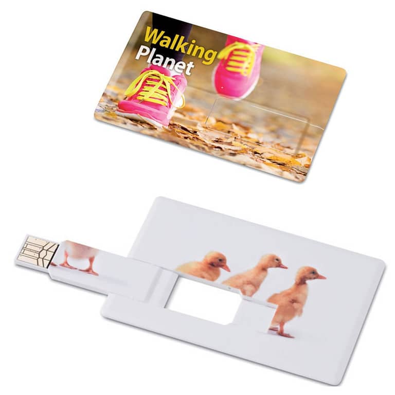 USB gadget with logo USB card MEMORAMA USB gadget with logo 4, 16 or 32 GB credit card size and shape USB memory stick in ABS. The flat surface of the product allows a full color printing of your logo and pictures. Available color: White Dimensions: 85X55X3 MM Width: 5.5 cm Length: 8.5 cm Height: 0.3 cm Volume: 0.078 cdm3 Gross Weight: 0.03 kg Net Weight: 0.025 kg Depending on the surface we can use embroidery, engraving, 360Â° imprint or screen print.