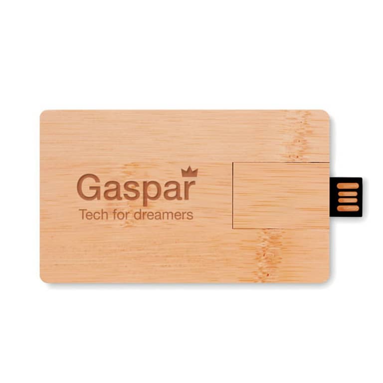 USB gadget with logo USB Stick CREDITCARD PLUS USB gadget with logo 16GB USB Flash Drive with protective bamboo cover. Bamboo is a natural product, there may be slight variations in color and size per item. Available color: Wood Dimensions: 90X55X5 MM Width: 5.5 cm Length: 9 cm Height: 0.5 cm Volume: 0.11 cdm3 Gross Weight: 0.028 kg Net Weight: 0.017 kg Depending on the surface we can use embroidery, engraving, 360Â° imprint or screen print.