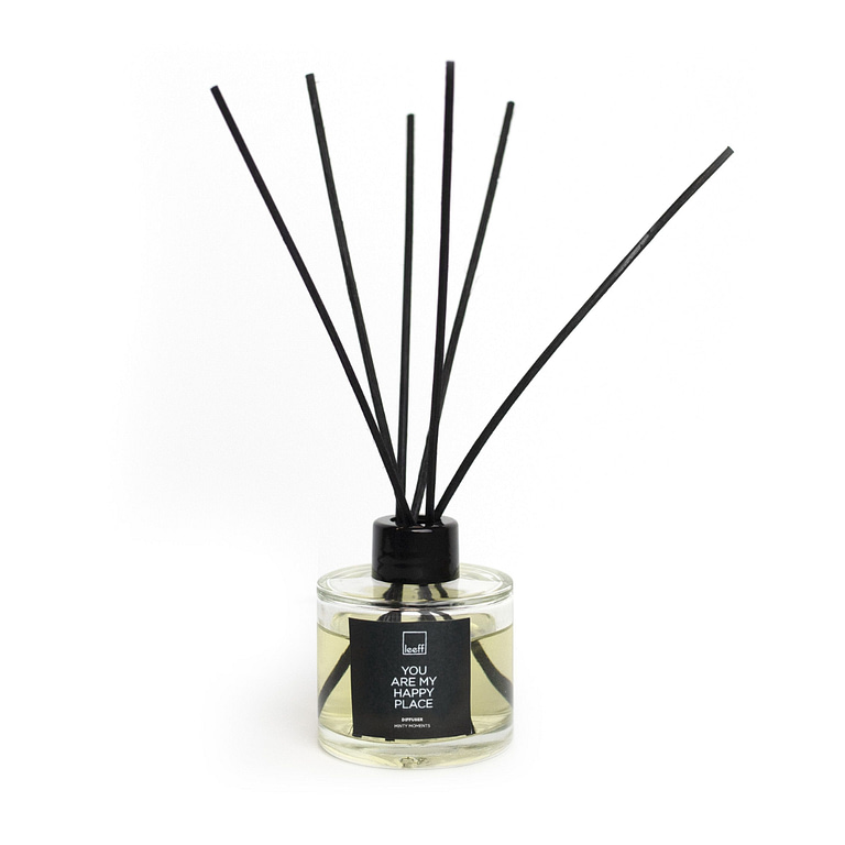 Fragrance Sticks Minty LEEFF Create a beautiful moment with our fragrance sticks Minty. The delicious scents from the Leeff care line are now also available in a diffuser to enrich your home! Because of the quote 'You are my happy place' and the beautiful gift packaging, this diffuser is also a perfect gift! Moreover, thanks to the stylish bottle, it fits into everyone's home. Available in Fabulous Fig and Minty Moments fragrances. Color: Transparent - Material: Plastic - Dimensions: Ã¸6,8 x 8,5 cm - Package: Color box Magnus Business Gifts is your partner for merchandising, gadgets or unique business gifts since 1967. Certified with Ecovadis gold!