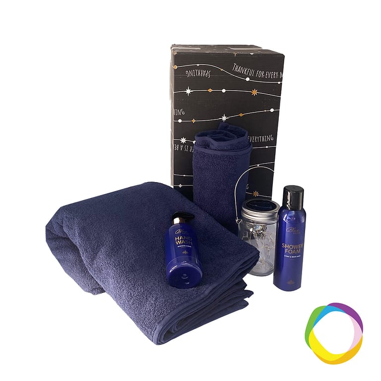 Wellness box Our wellness box is a carefully curated package that promotes health, relaxation, and self-care. This box contains a towel (50x100cm), bath towel (100x180cm),  hand soap, solar mood light & shower foam. Soft quality towels in many colors available. Your logo embroidered or printed. Magnus Business Gifts is your partner for merchandising, gadgets or unique business gifts since 1967. Certified with Ecovadis gold!