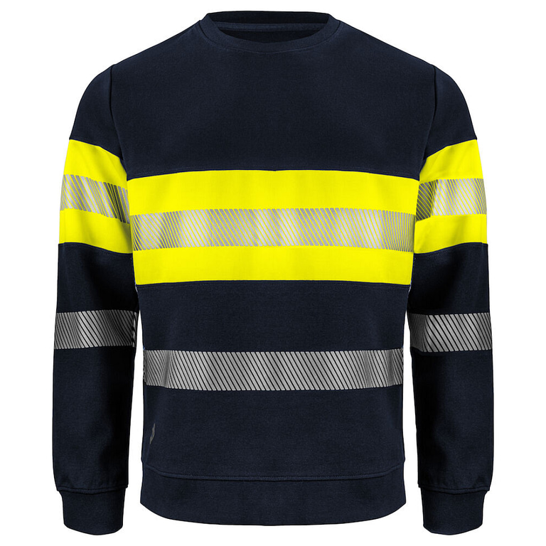 Projob Sweater with logo ISO 20471 Class 1 Round neck sweater. Sealed and segmented reflective strips with stretch from 3M. Ribbed hem and at the ends of the sleeves. Available color: Yellow/ Navy, Yellow/ Black Material 1: 80% polyester, 20% cotton, 320 g/m² Material 2: (signaling) 65% polyester, 35% cotton 300 g/m² Magnus Business Gifts is your partner for merchandising, gadgets or unique business gifts since 1967. Certified with Ecovadis gold!