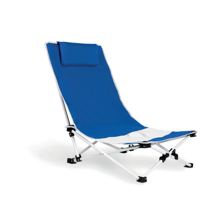 CAPRI beach chair with logo Beach chair with logo with neck pillow in 600D polyester clothing. Steel frame.Max: weight 100 kg. We use different printing techniques to add your logo. Depending on the surface we can use embroidery, engraving, 360° imprint or screenprint.