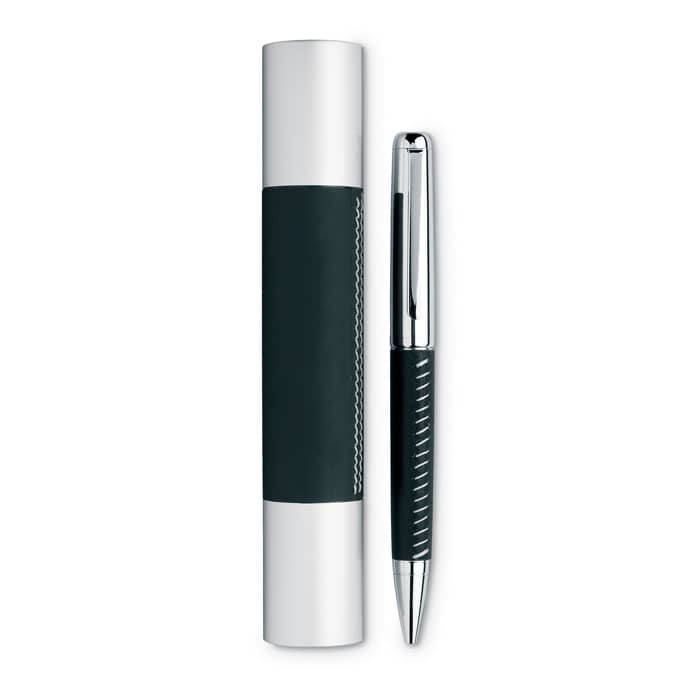 Pen with logo PREMIER Pen with logo made out of metal with silver chrome finish. PU leather application in aluminium tube box. Black ink. Available color: Black Dimensions: Ã˜2,8X16 CM Height: 16 cm Diameter: 2.8 cm Volume: 0.214 cdm3 Gross Weight: 0.074 kg Net Weight: 0.062 kg Depending on the surface we can use embroidery, engraving, 360Â° imprint or screen print.