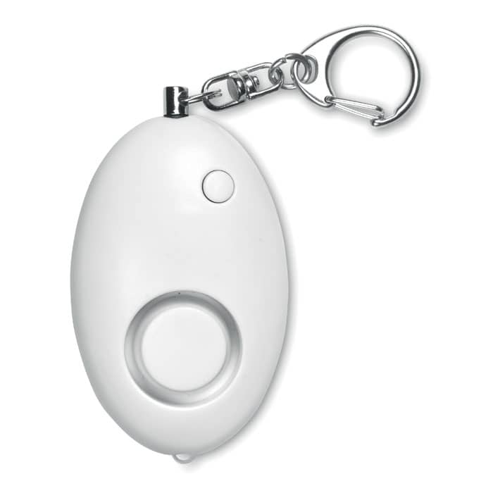 Key ring with logo ALARMY Key ring with logo and mini personal alarm in ABS. Activates when the pin is pulled out. It also has 1 white LED light. 3 AG13 batteries included. Volume alarm:90-100 decibels. Available color: White Dimensions: 6X3.8X2.2 CM Width: 3.8 cm Length: 6 cm Height: 2.2 cm Volume: 0.132 cdm3 Gross Weight: 0.036 kg Net Weight: 0.024 kg Depending on the surface we can use embroidery, engraving, 360Â° imprint or screen print.