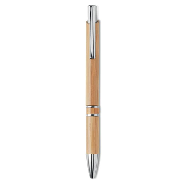 Pen with logo BERN BAMBOO Pen with logoÂ in aluminium fittings with bamboo barrel. Blue ink. Push button pen. Available color: Wood Dimensions: Ã˜1,1X14 CM Height: 14 cm Diameter: 1.1 cm Volume: 0.03 cdm3 Gross Weight: 0.011 kg Net Weight: 0.01 kg Depending on the surface we can use embroidery, engraving, 360Â° imprint or screen print.