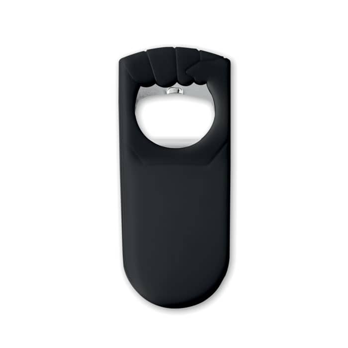 Gadget with logo bottle opener BLABBY Bottle opener with logo and sealer in PS material. Depending on the surface we can use embroidery, engraving, 360° imprint or screen print.