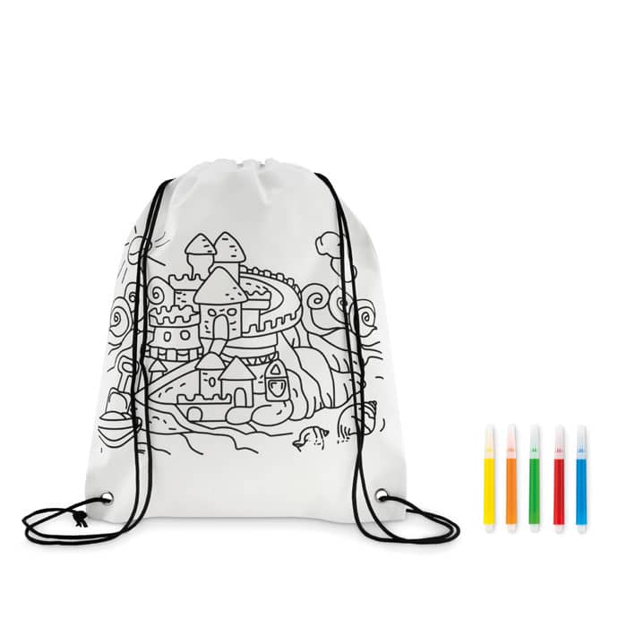 Drawstring bag with logo CARRYDRAW Non woven drawstring bag with logo. 5 markers and design to colour in. 80 gr/mÂ². Depending on the surface we can use embroidery, engraving, 360Â° imprint or screenprint.