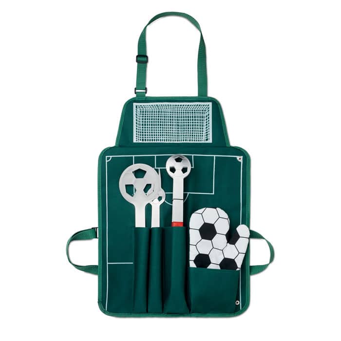 Gadget with logo Soccer apron DONAU BALLY Gadget with logo, Soccer apron with BBQ toolkit and three different tools and one glove. Apron in 600D polyester. Available color: Green Dimensions: 74X50X2CM Width: 50 cm Length: 74 cm Height: 2 cm Volume: 0.89 cdm3 Gross Weight: 0.89 kg Net Weight: 0.848 kg Depending on the surface we can use embroidery, engraving, 360Â° imprint or screen print. Magnus Business Gifts anticipated on what society expects today: focus on corporate social responsibility. Combined with our top service, if required, without extra service for low budget solutions. Magnus Business Gifts is your partner for merchandising, gadgets or unique business gifts since 1967. Certified with Ecovadis gold 2022!