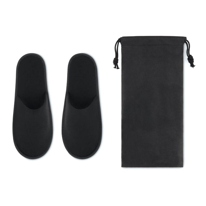 Beach gadget with logo slippers FLIP FLAP Beach gadget with pair of polyester hotel slippers. Presented in a non woven pouch. EUR size 44 - 45. Depending on the surface we can use embroidery, engraving, 360° imprint or screen print.