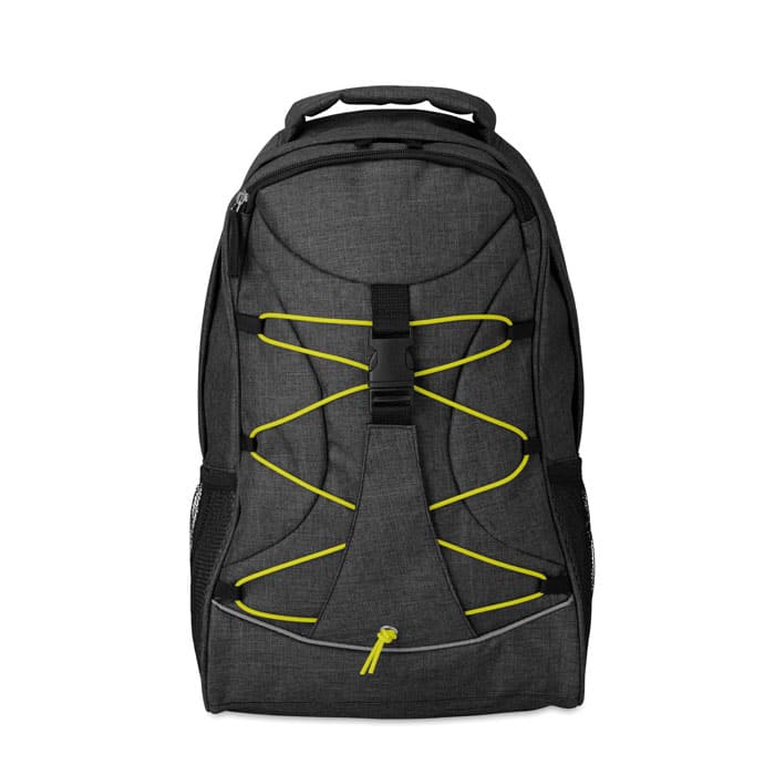 Backpack with logo MONTE LEMA Backpack with logo in 600D 2 tone polyester with colorful contrasting facing. Glow in the dark cord on the front panel. Mesh pockets on both sides. Depending on the surface we can use embroidery, engraving, 360Â° imprint or screenprint.