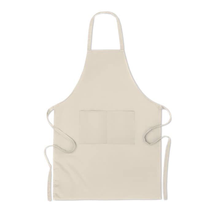 Gadget with logo Organic cotton apron RAIPUR Gadget with logo, Kitchen apron with 2 front pockets in 200 gr/mÂ² organic cotton. Produced under a certified standard for the use of harmful substances in textile. Available color: Beige Dimensions: 65X90CM Width: 90 cm Length: 65 cm Volume: 0.46 cdm3 Gross Weight: 0.165 kg Net Weight: 0.155 kg Depending on the surface we can use embroidery, engraving, 360Â° imprint or screen print.