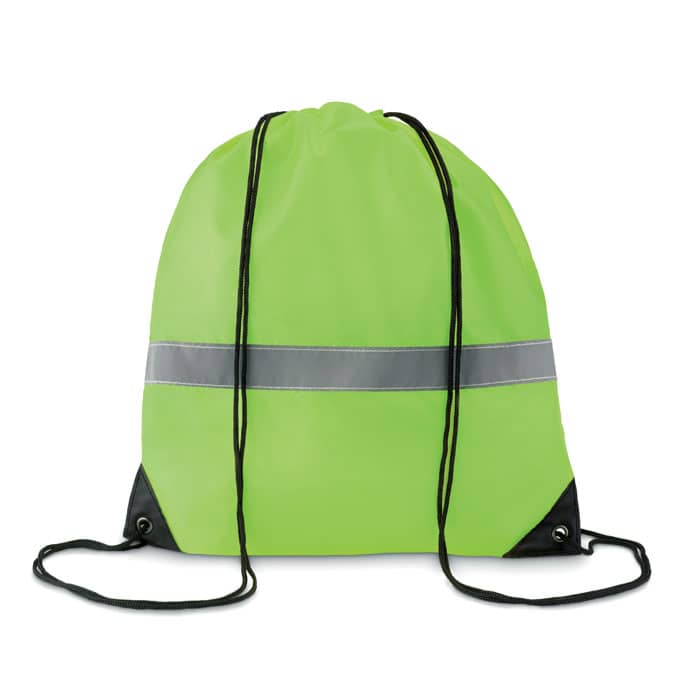Drawstring bag with logo Fluo Drawstring bag with logo in 190T polyester with reflective stripe. Depending on the surface we can use embroidery, engraving, 360Â° imprint or screenprint.