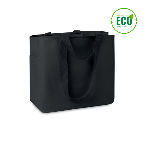 Tote bag with logo Camden Tote bag with logo in polyester with long or short handles. Shopping bag in 600D polyester with side pocket and inside zippered pocket. Depending on the surface we can use embroidery, engraving, 360° imprint or screen print.