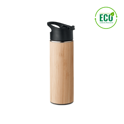 Water bottle with logo NANDA. Water bottle with logo double wall stainless steel insulating vacuum flask. Bamboo outer cover and grip lid in PP. Capacity: 450 ml. Leak free. We use different printing techniques to add your logo. Depending on the surface we can use embroidery, engraving, 360° imprint or screenprint.