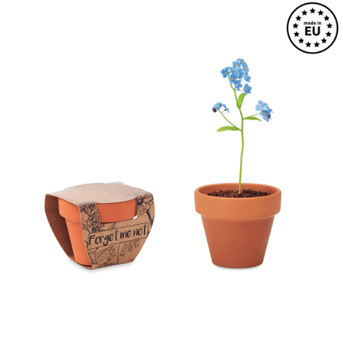 Gadget with logo Terracotta pot FORGET ME NOT Gadget with logo small clay terracotta pot including 'forget me not' seeds. Made in EU. Depending on the surface we can use embroidery, engraving, 360Â° imprint or screen print.